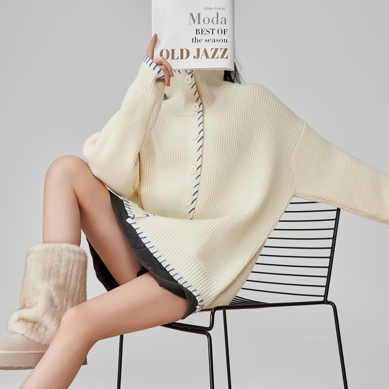 ステッチデザイン オーバーサイズニットカーディガン H0036