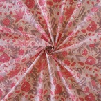 ブロックプリント生地【50cm単位】インド綿  片耳デザイン付き 花柄A コーラルピンク×ブラウン #51214-PK2