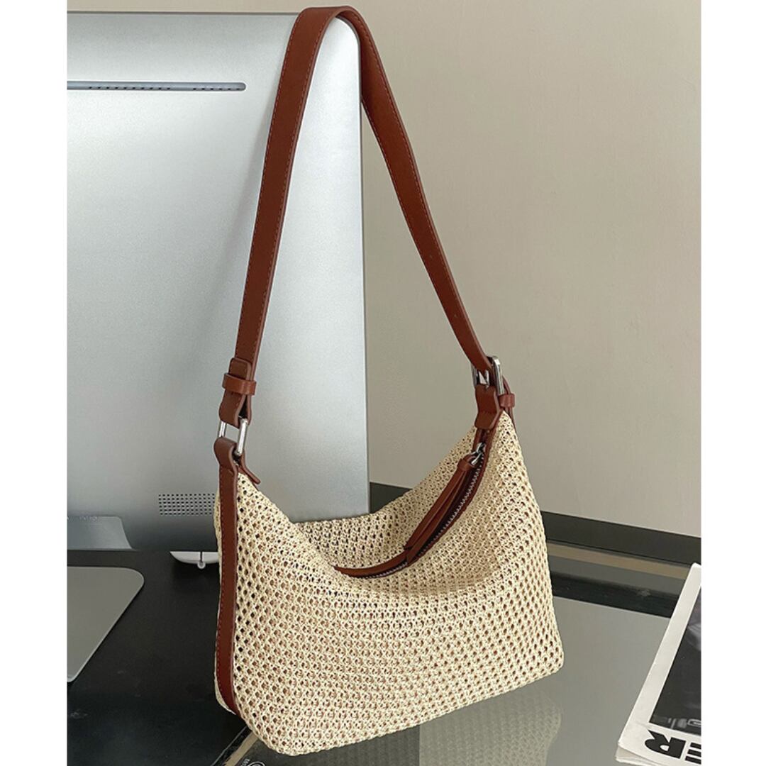 Mesh straw zip shoulder bag G1083