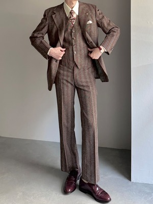 [3PIECE] vintage stripe suit - single jacket × vest × semi flare trousers / brown × orange