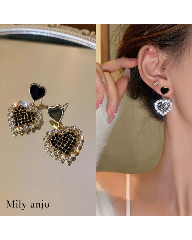 【即納】ブラックハートダイヤピアス