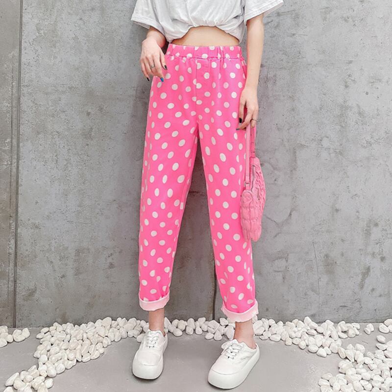 ストレッチウェスト水玉カジュアルパンツ スプリングスタイルハイウェスト薄手ワイドレッグ エラスティック 伸縮 大きめサイズ 春物 ワイドパンツ ミックスインファッション64197368492