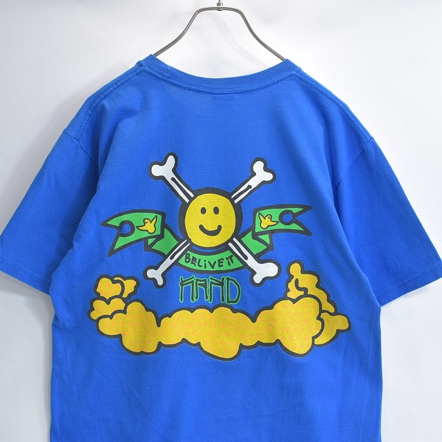 00s KROOKED クルキッド 半袖Tシャツ スケートボード スマイル クロスボーン プリントデザイン スケーター ストリート ブルー USED ヴィンテージ ビンテージ 古着 メンズ M