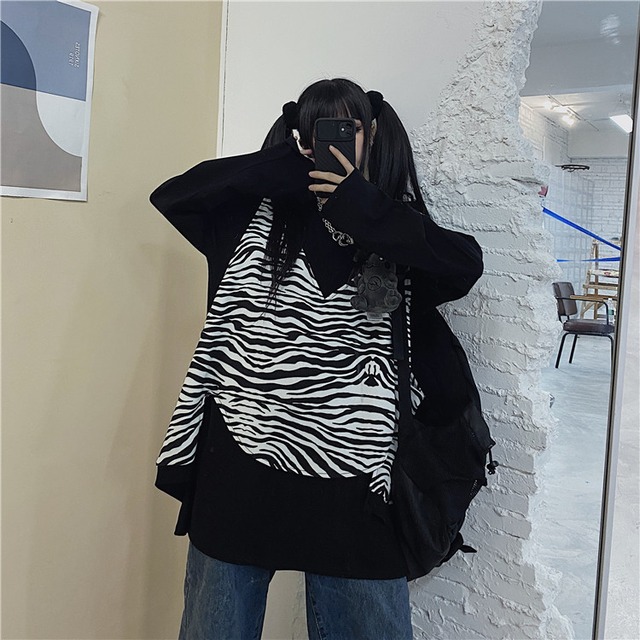 ゼブラ柄 ベスト ダーク モノトーン アウター トップス ガールズ レディース 韓国ファッション 白黒 ルーズ Deshon