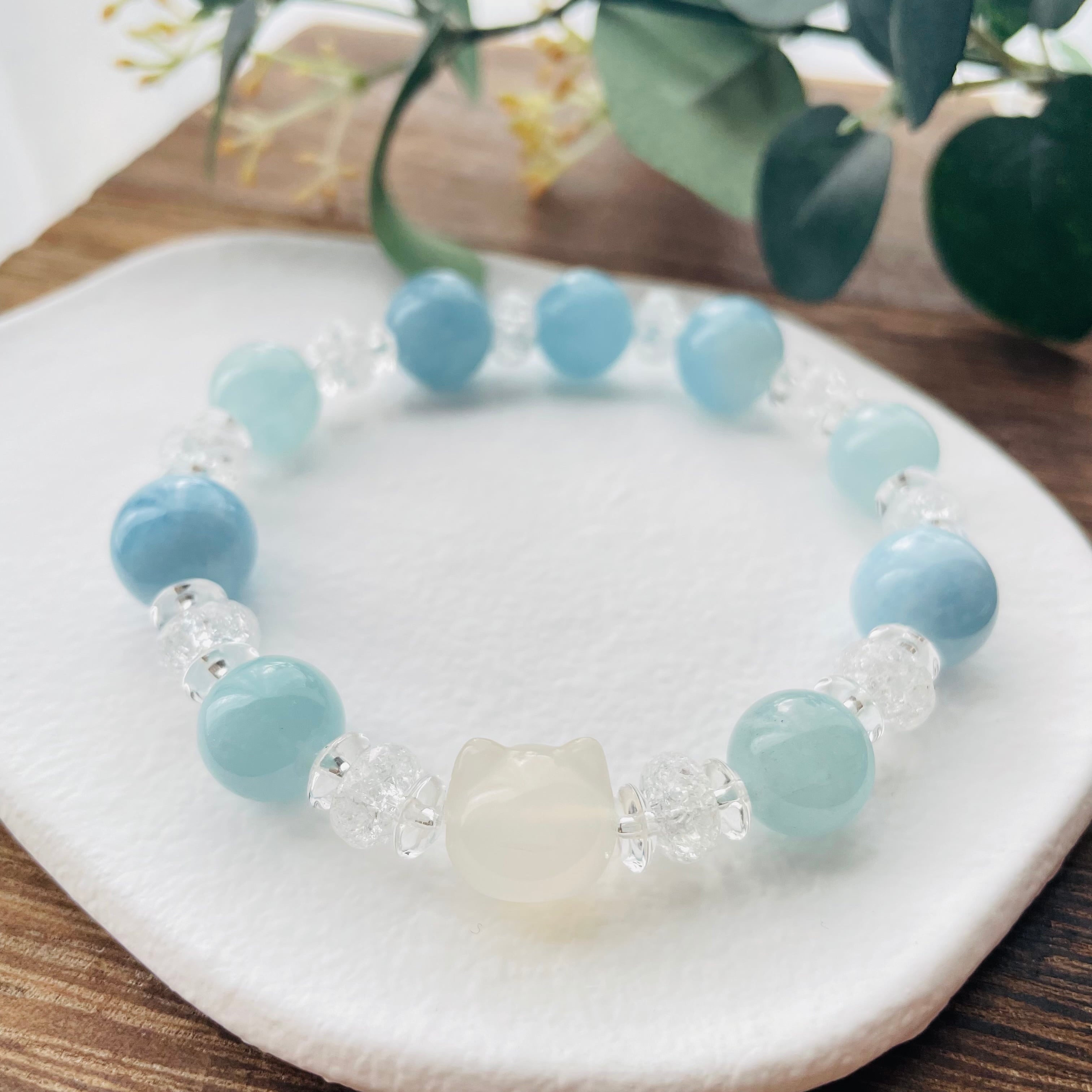 4335-⑮パワーストーン|ブレスレット|浄化・癒し| 猫雑貨 猫モチーフ 猫グッズ アクセサリー 天然石 3月誕生石 プレゼント ギフト レディース