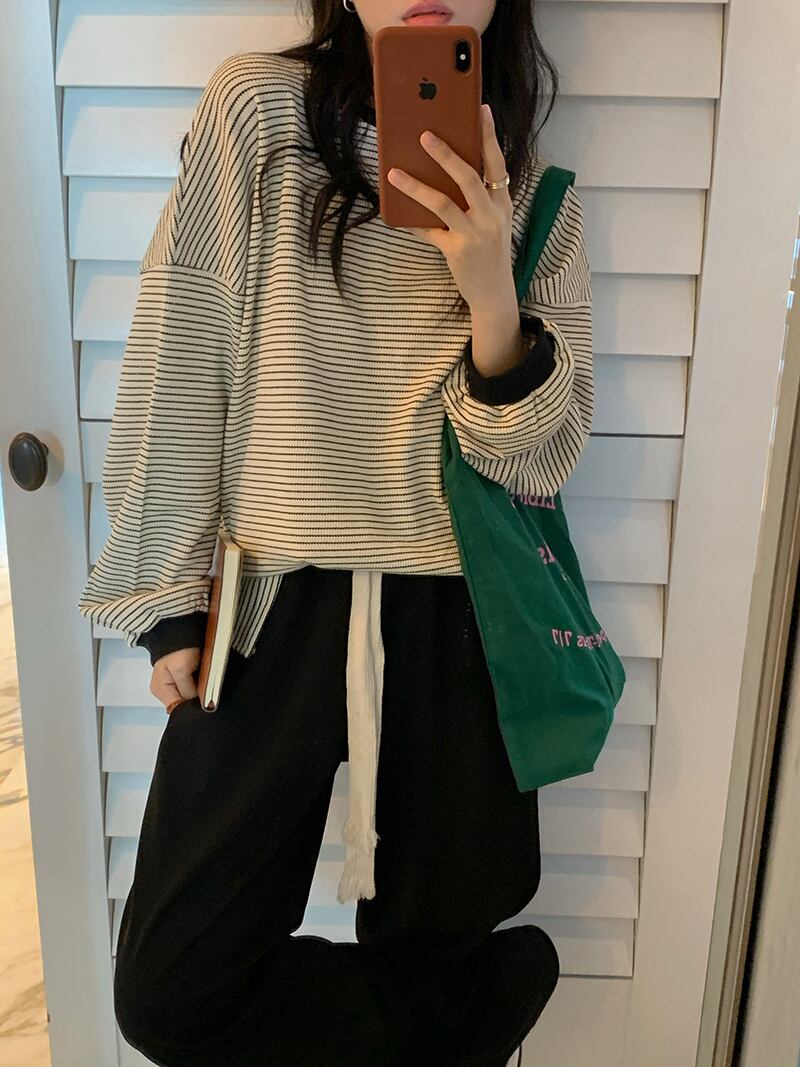 ストライプスタンダードルーズセーター オータムプルオーバー トップス ロング レトロ 秋物 モンロー23215534120