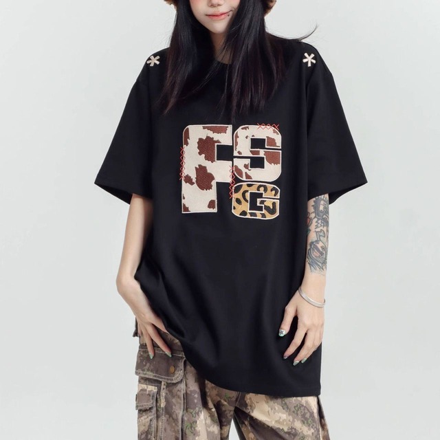 ロゴプリントモチーフハーフスリーブオーバーTシャツ 3col   R01955