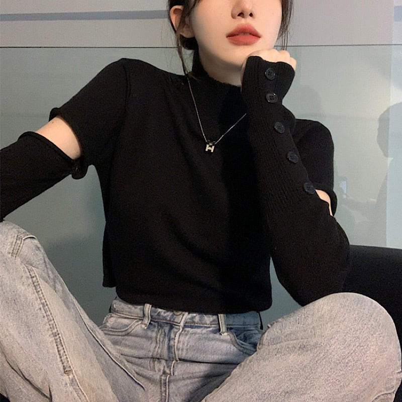 韓国っぽ アームウォーマー 付き トップス ハイネック カットソー タートルネック オープンショルダー デザイン セクシー 大人っぽ ダンスウェア 半袖 Lamitte Deco トレンド 韓国ファッション ショップ Base店