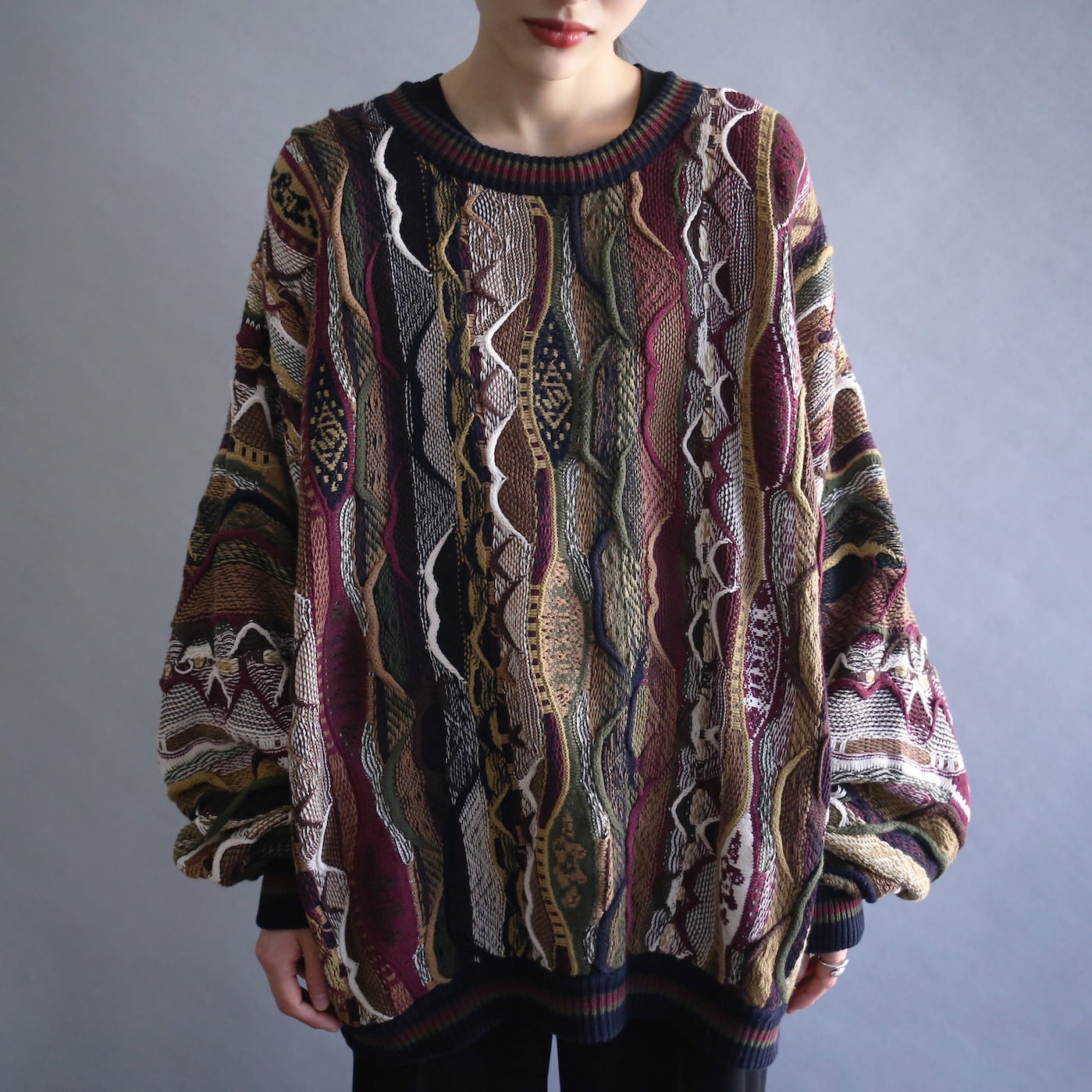 multi color 3D knit pattern over size sweater