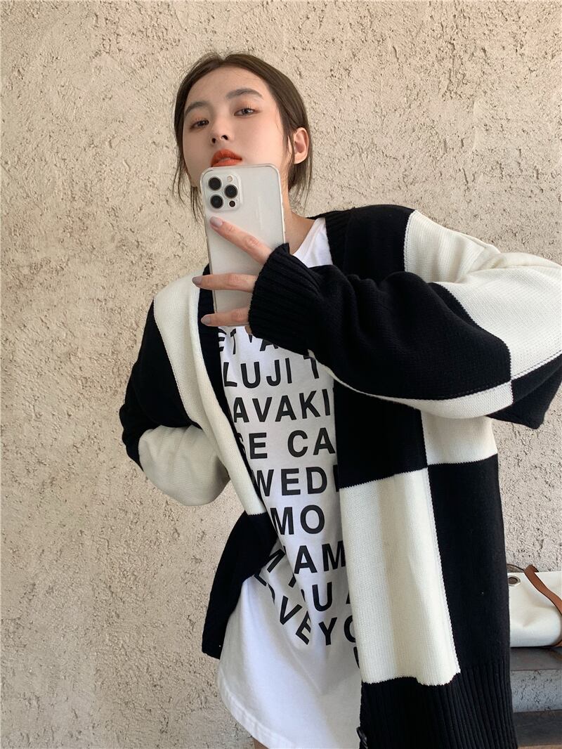 スタイルブラックホワイト格子柄セーター オータムルーズカーディガントップス ロング 秋物 モンロー75029290927