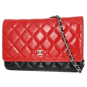 Used CHANEL シャネル チェーンウォレット マトラッセ パテントレザー ブラック シルバー金具 AP0250 ショルダーバッグ 黒 エナメル 超美品