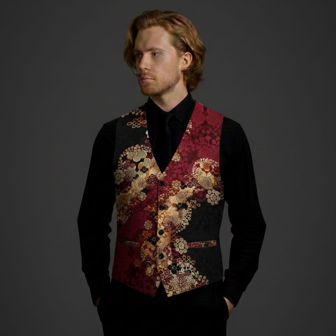 桜金輪紋様 ユニセックス和柄スーツベスト | Baroque Japanesque