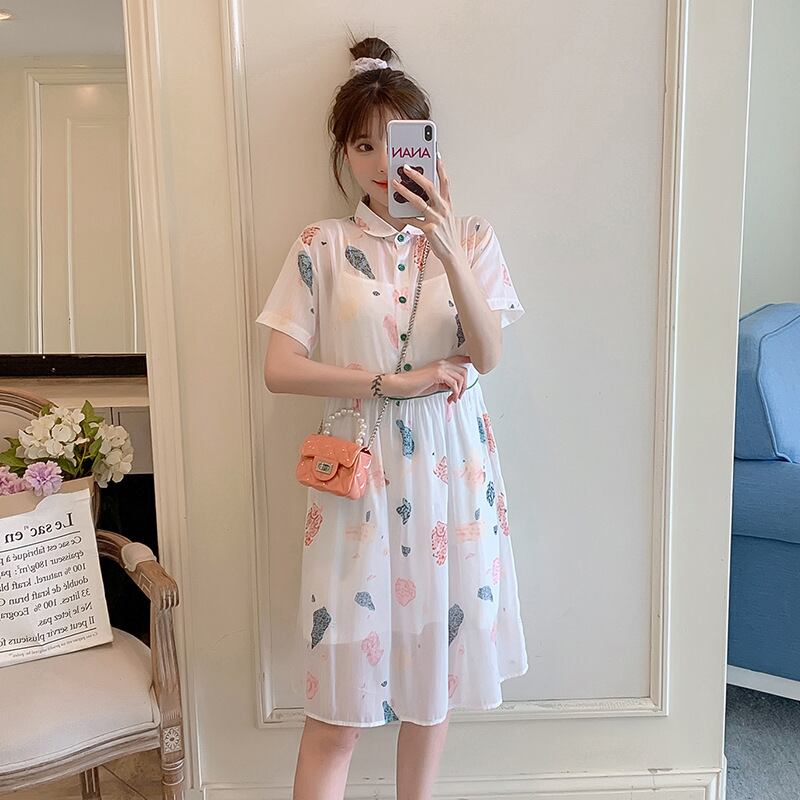 【新作】【送料無料】 マタニティウェア2020夏の新しいシフォンプリント人形の襟のドレス、年齢を減らすミドル丈のファッションマタニティドレス-アリババ サマー 夏物 expec239481232644
