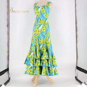 フラメンコ 衣装 ワンピース ドレス 花柄 光沢 ボランテ フリル 花柄 黄緑 S.D.ELVIRA ブルー系 グリーン系 フラメンコドレス 華やかエレガント おしゃれな花柄 パーティー用 多彩 大人向け 高級感 ステージ衣装 フリルデザイン