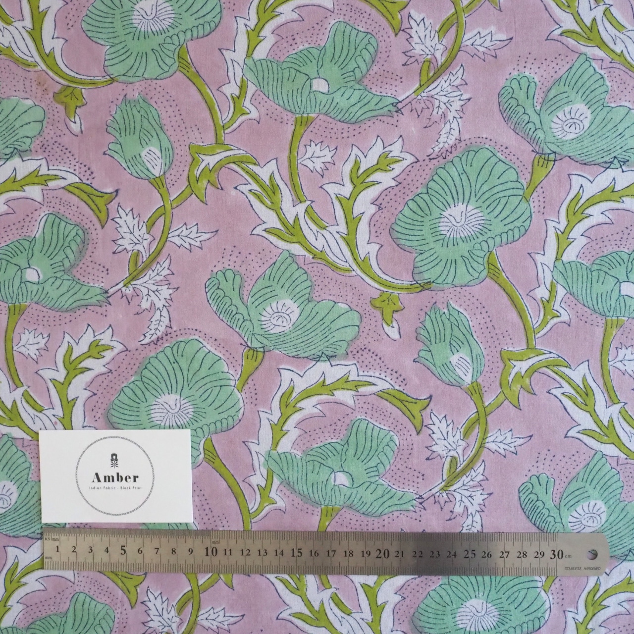 ブロックプリント生地【50cm単位】インド綿 花柄 くすみピンク×グリーン #51715-PK3