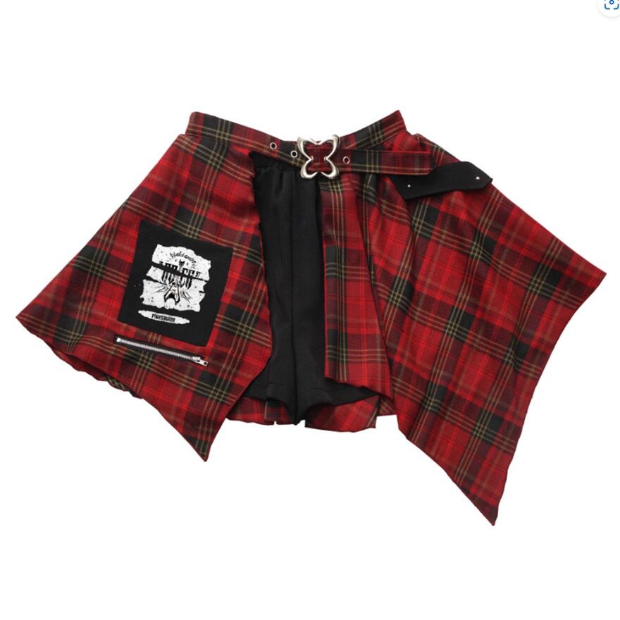 ゴスロリ通販 With U ファッション ランダムカット ミニスカート チェック柄 バタフライバックル ストリート系 原宿系 ストリート系 夏 病みかわいい 地雷服 ゴシック