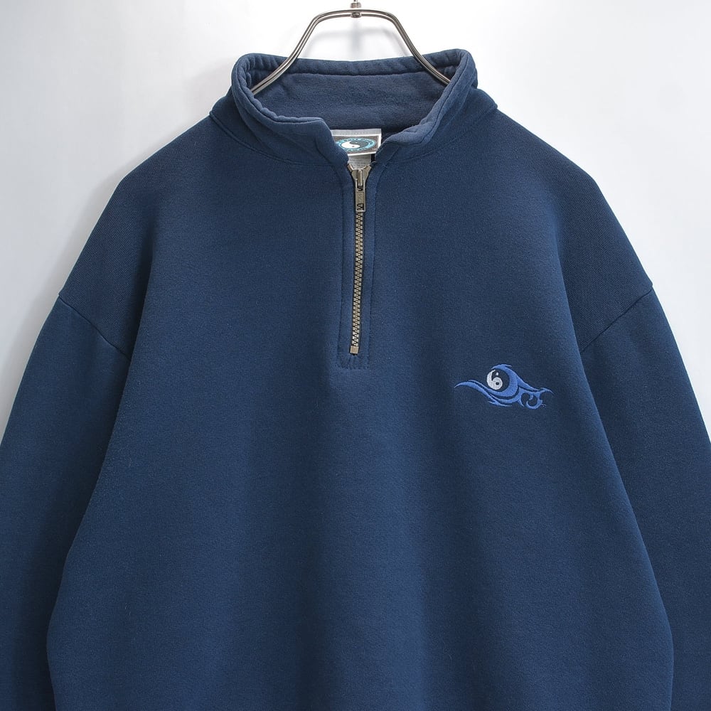 80s 90s USA製 T&C Surf Designs ティーアンドシーサーフデザインズ ハーフジップ スウェット 裏起毛 インヤン 刺繍ロゴ オールドサーフ ネイビー USED ヴィンテージ ビンテージ 古着 メンズLサイズ相当