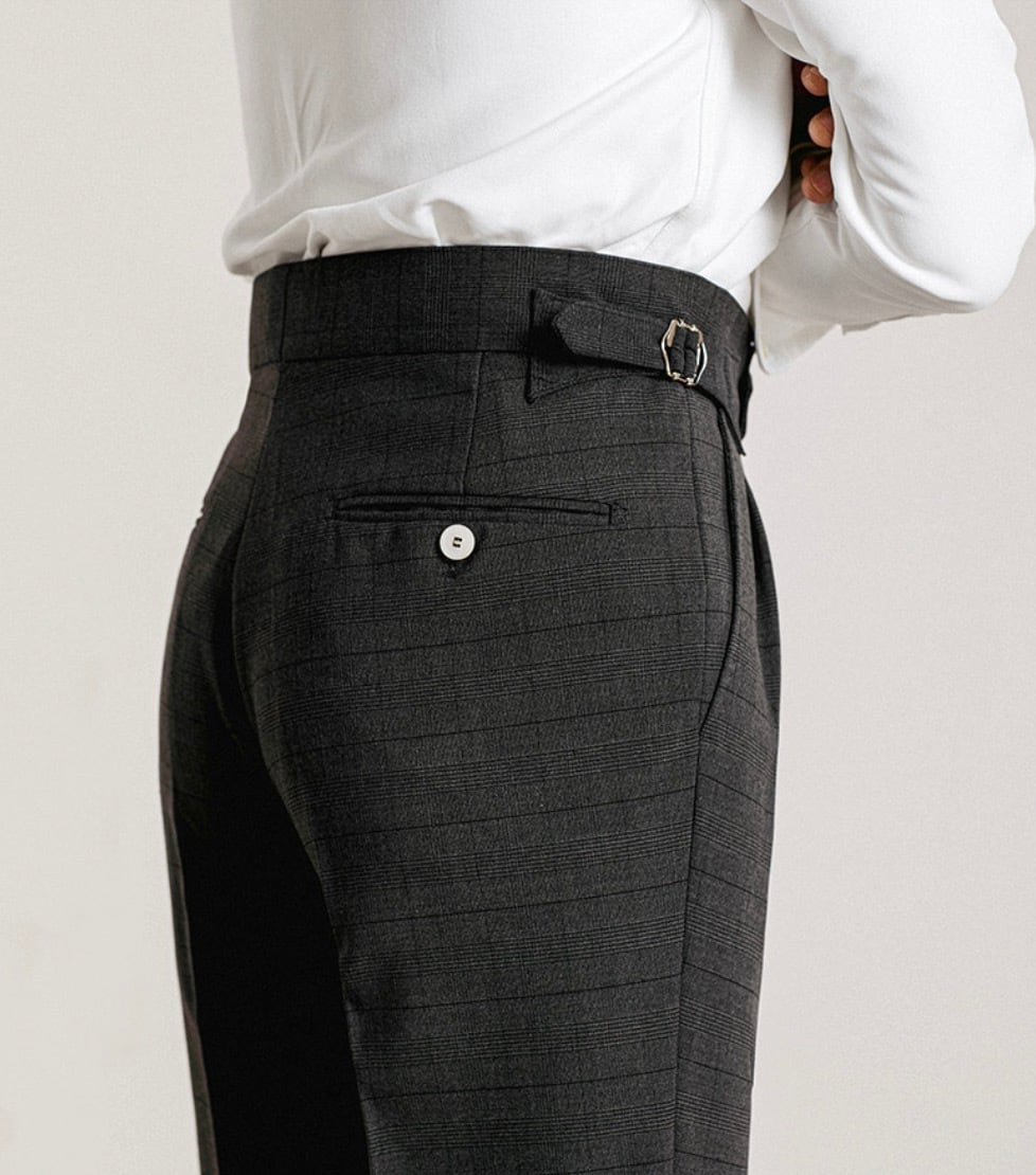 ベルトレスチェック柄ブラックダブルスラックス | Buona Vita