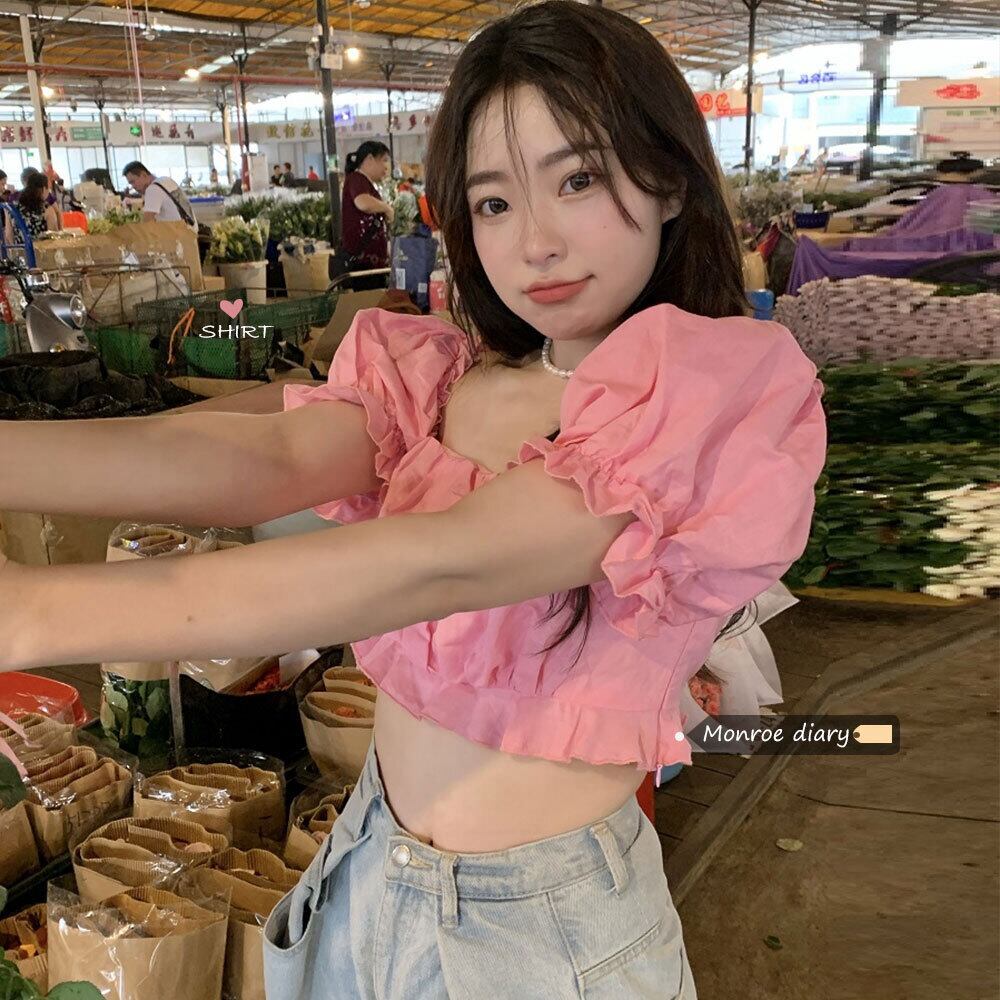 カラースリーブシャツ サマーショート薄手トップス ピンク 夏物 スクウェア モンロー68727069896