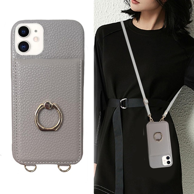 for iphone11 用 ケース ショルダー 薄型 かわいい スマホケース アイフォン11 用 ストラップ 可愛い 携帯 背面手帳型 斜めかけ 肩掛け 首掛け 紐付き 韓国 軽量 カード収納 ショルダーケース おしゃれ 2way (グレー)