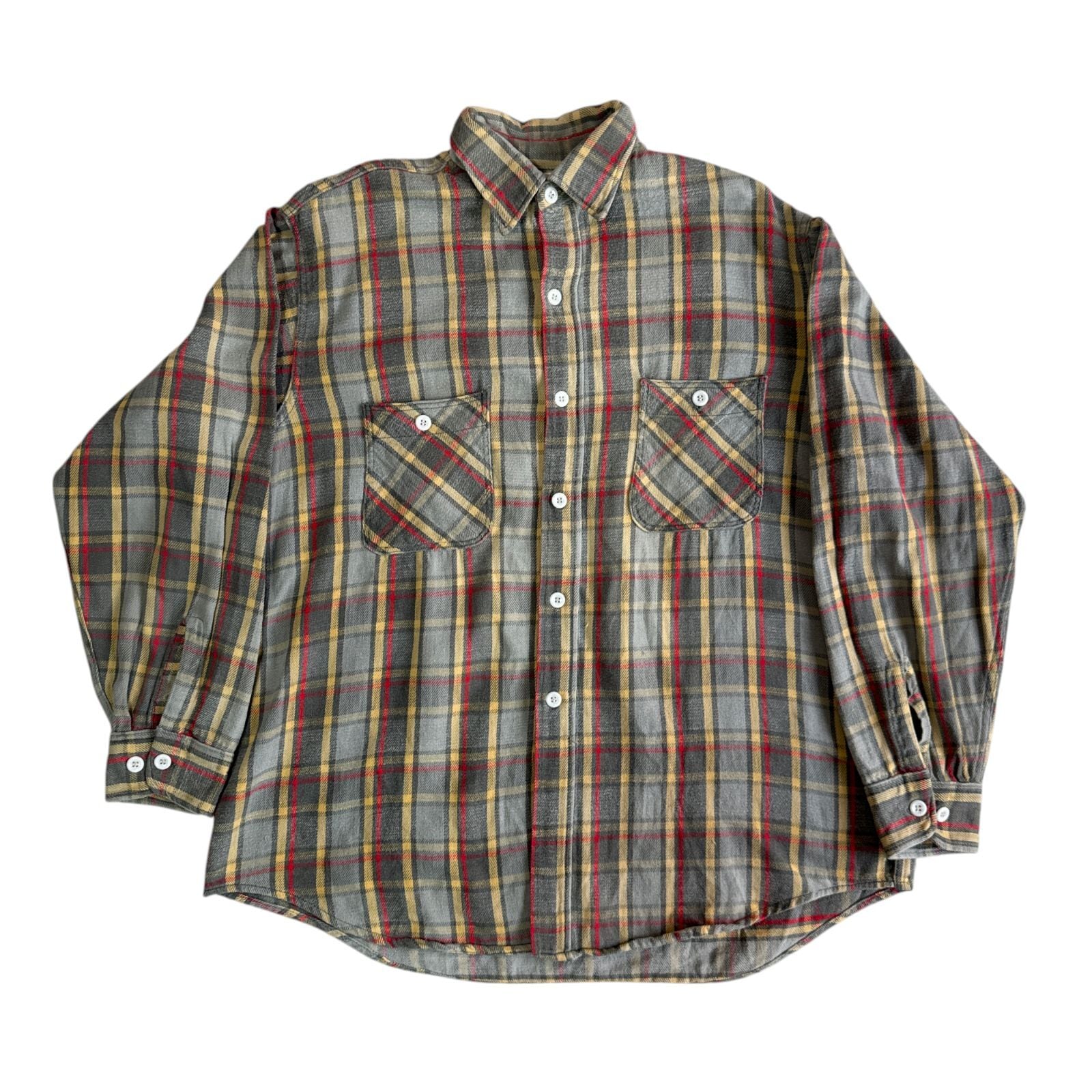 50s - 60s Unknown 開襟 ウールシャツ M-Lサイズ オンブレチェック