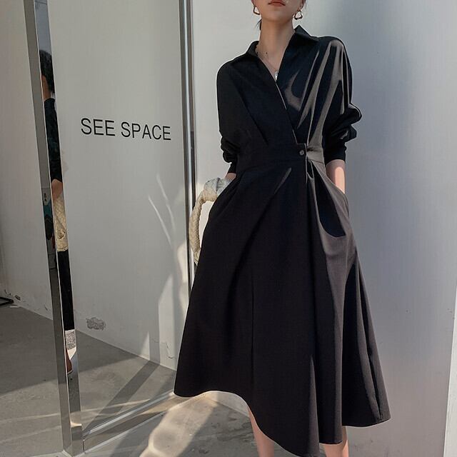 ワンピース レディース シャツワンピ 長袖 ひざ下丈 Aライン 大人 可愛い おしゃれ シンプル 綺麗め ブラック S/M/L