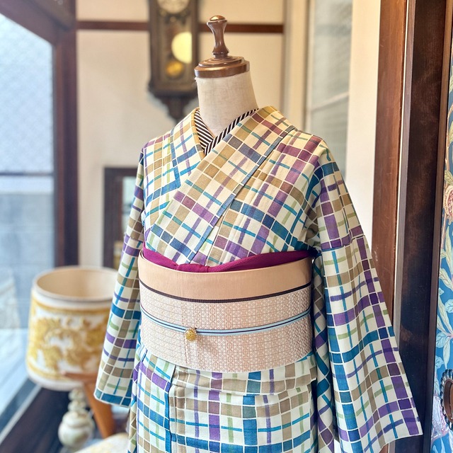 レトロチェック＊格子 くすみカラー リサイクル紬着物 A568 | kimono tento