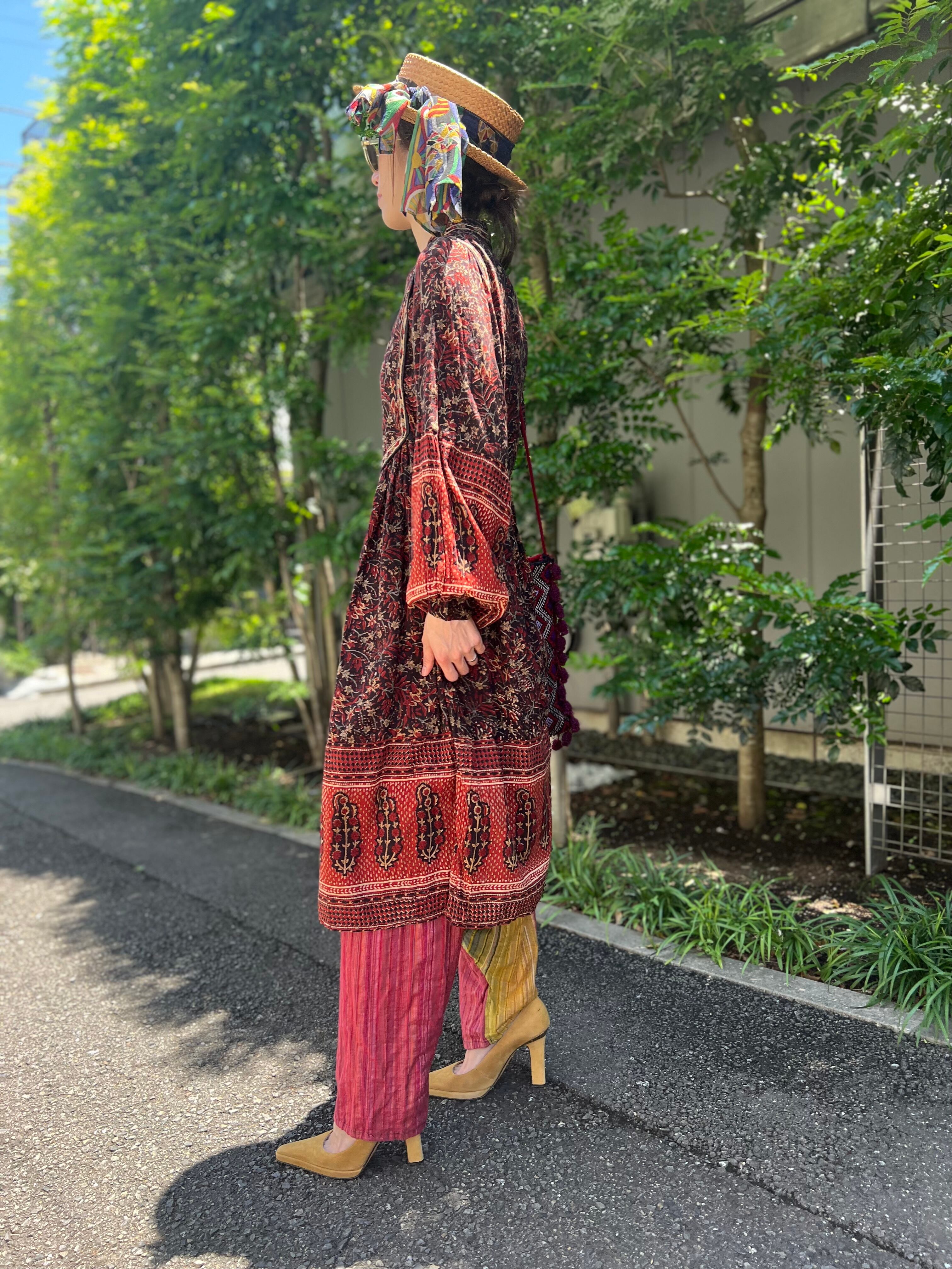 70s indian cotton brown dress ( ヴィンテージ インドコットン 