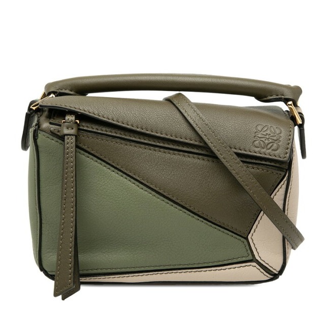 ロエベ アナグラム パズルバッグ ミニ ハンドバッグ ショルダーバッグ 2WAY カーキ系 カーフ レディース LOEWE 【中古】