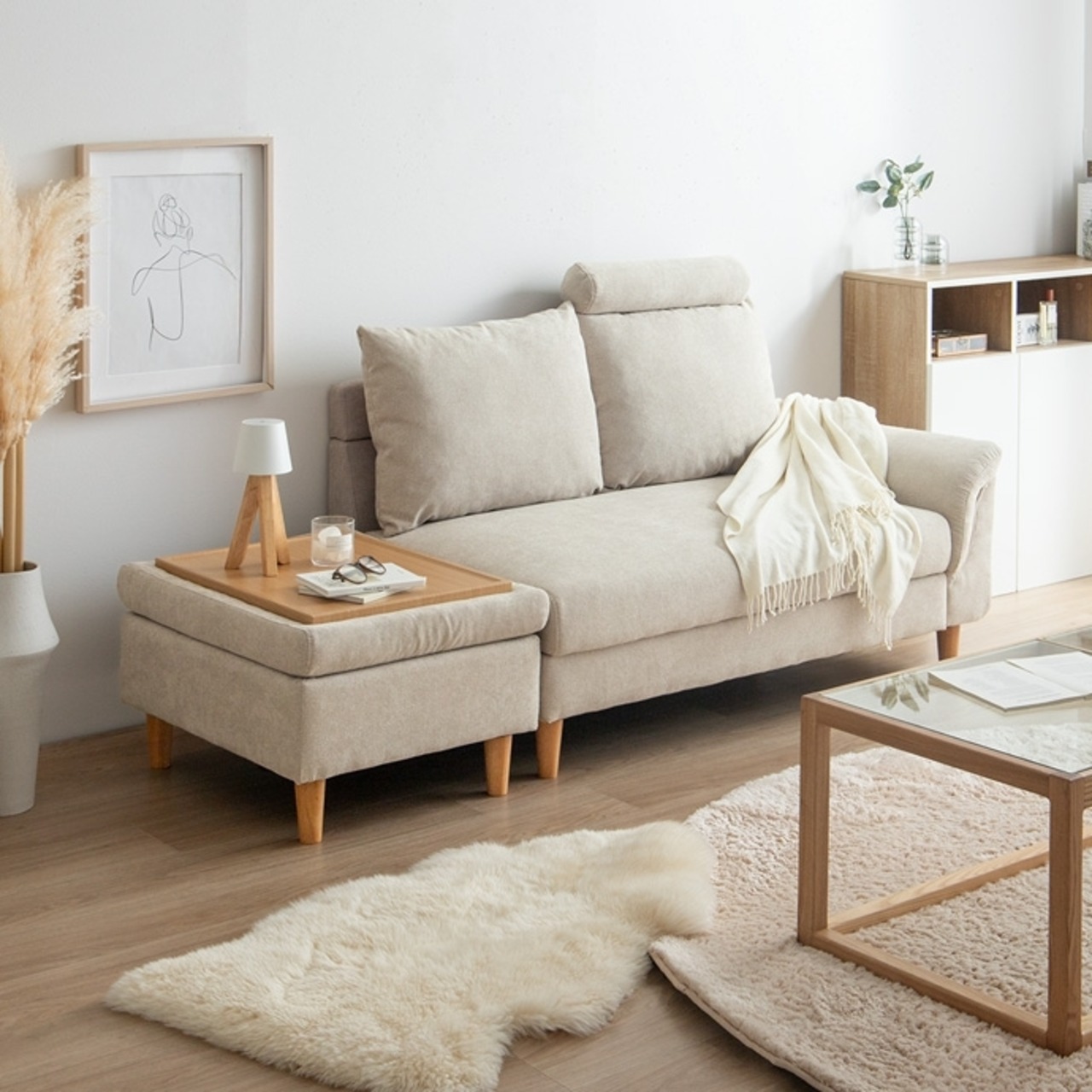 2人掛け 収納カウチソファ オットマン付き 2点セット