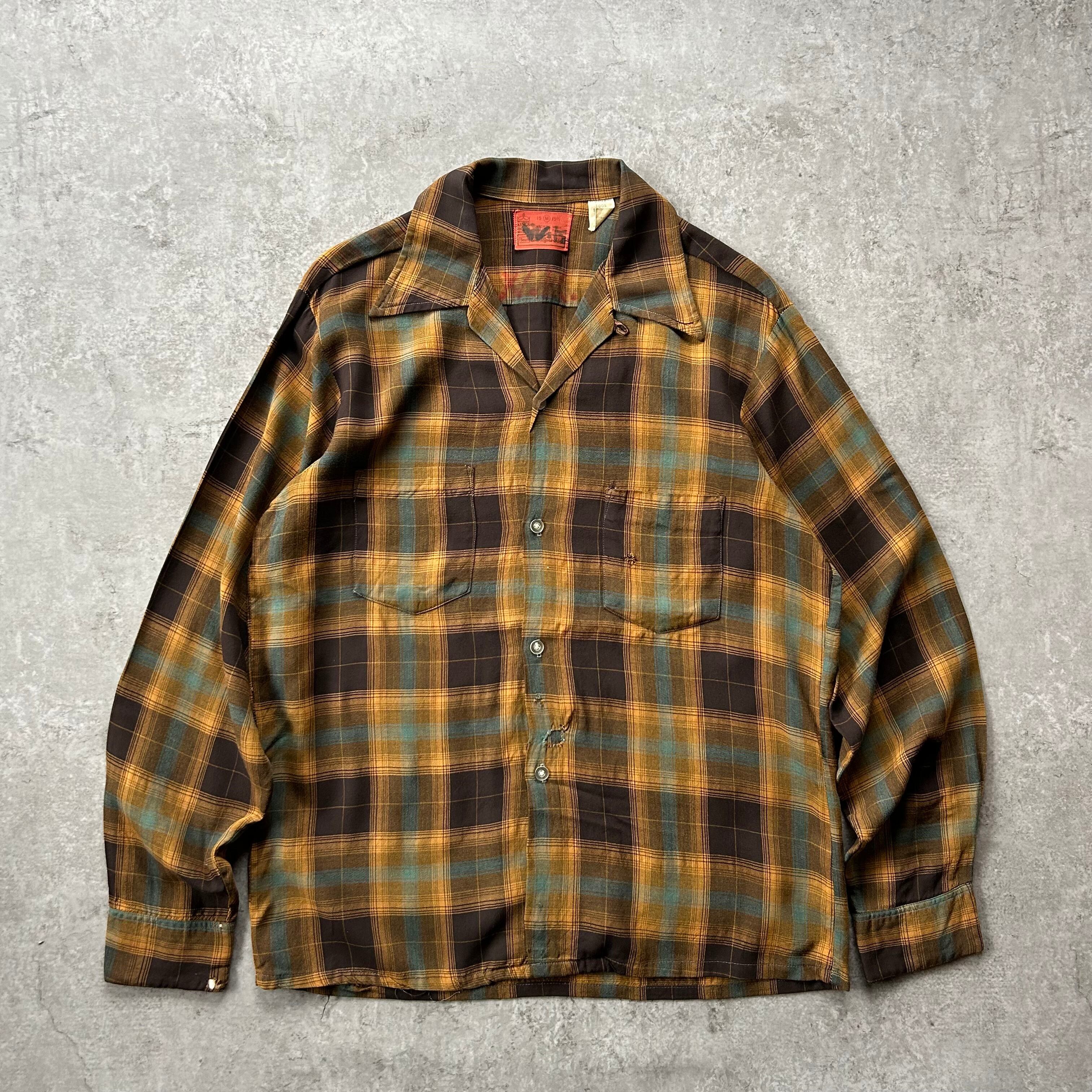 70s シアーズ オンブレチェックレーヨンシャツ ブラウン×イエロー M 
