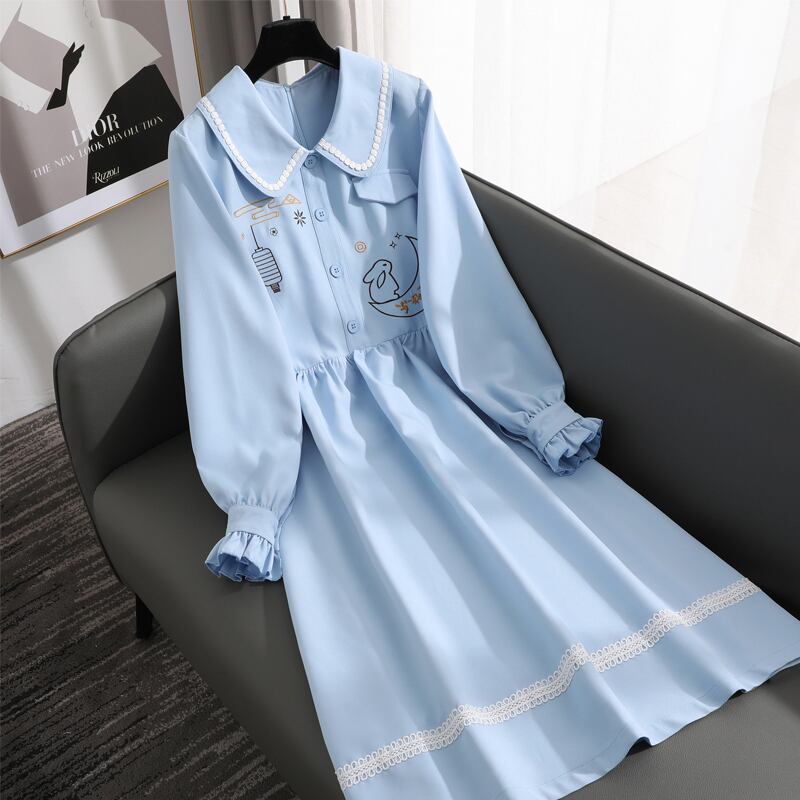 悅韻シリーズ チャイナ風ワンピース 刺繍 ブルー 青い 兎 月 切り替え デート 普段着 通勤 S M L Xl Elegant