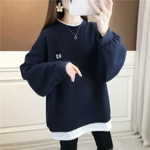 トップス プルオーバー トレーナー ミドル丈 長袖 ラウンドネック ストレート 綿 ポリエステル コットン フェイクツーピース 大人可愛い シンプル カジュアル お洒落 ラフ キュート 抜け感 無地 春 秋 冬 誕生日 母の日 クリスマス 20代 30代 女性用 ママ マタニティ 通勤 お出かけ 公園デビュー お泊まり 休日 アウトドア リゾート 旅行 高原 ホテル ショッピング 普段使い ファッション 楽ちん 暖かい 体系カバー プレゼント ギフト M L XL 2XL 小さめ ゆったり 紺 ピンク