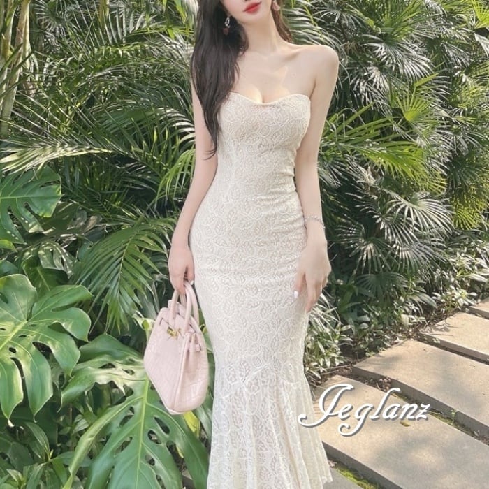 パーティ ドレス ワンピース ベアトップ レーシー マーメイドライン ♪(M6385)ζ