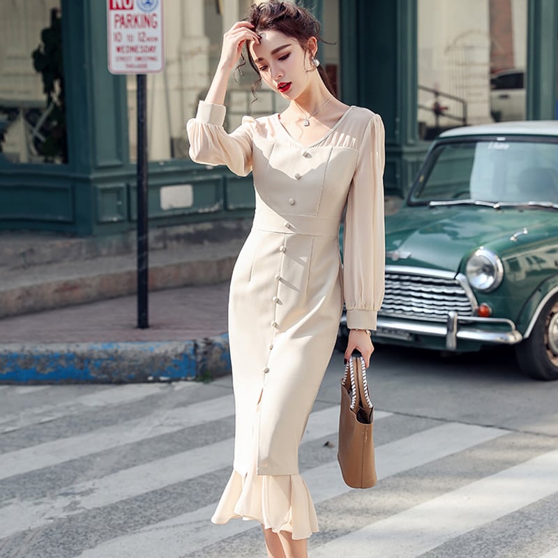 ワンピース ドレス マーメイドライン 背中にファスナー 通勤 OL