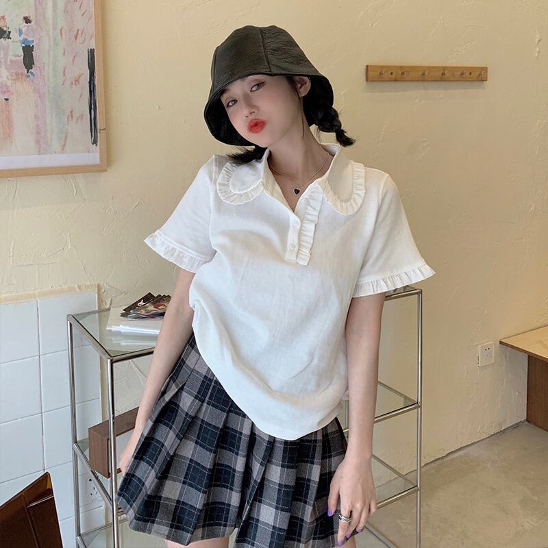 サマーレースカラーホワイトTシャツ トップス 大人ガーリー スウィート キュート カジュアル 夏物 萌量不足10354704416