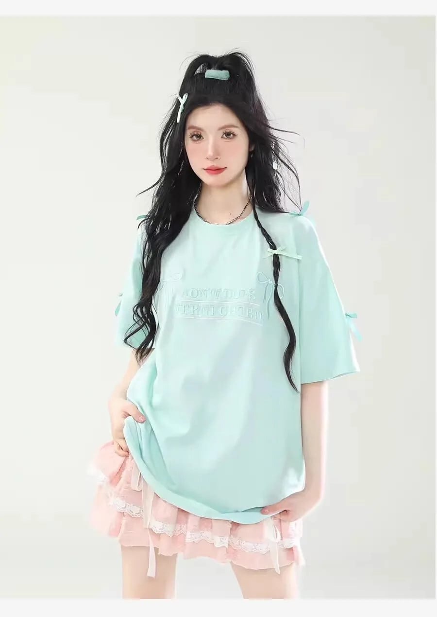 レターボウ刺繍 Tシャツ女性の夏ルース怠惰なミントグリーン Tシャツ