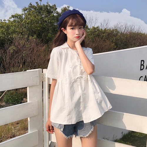 ✞ ソリッド カラーリボンレースホワイトシャツブラウス 大人ガーリー スウィート キュート カジュアル ソリッドカラー ✞ゴスロリ SM ミリ 甘ロリ クラロリ 和ロリ エレガント 黒ロリ 姫ロリ 華ロリ BB-BB8180510