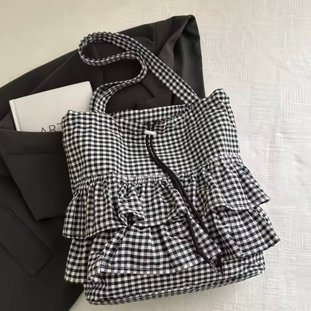 frill gingham check tote bag