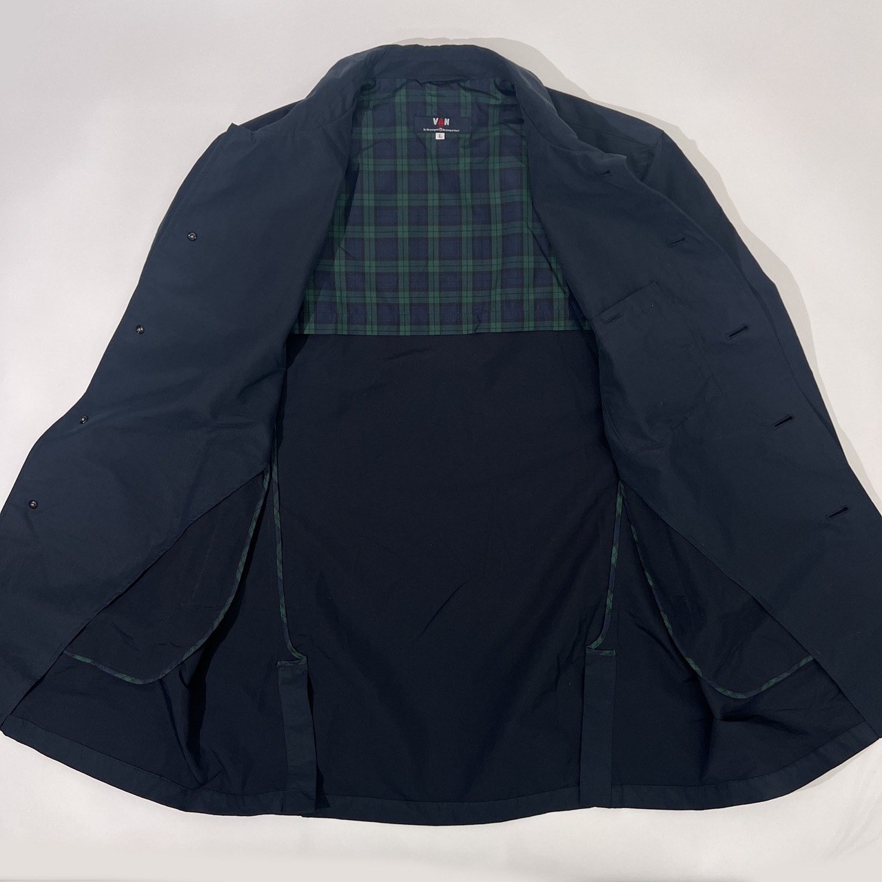 VAN JAC ヴァンヂャケット 裏ブラックウォッチ ステンカラーコート L/ネイビー/薄手