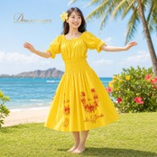フラダンス 衣装 mariee's maikai ツーピース セットアップ 上下セット イエロー系 レッド系 日本製 ツートンカラー 花柄 シンプル かわいい 華やか 鮮やか 明るい 黄 赤 ハワイアン アロハ ハワイアンプリント フラ ダンス レッスン 練習