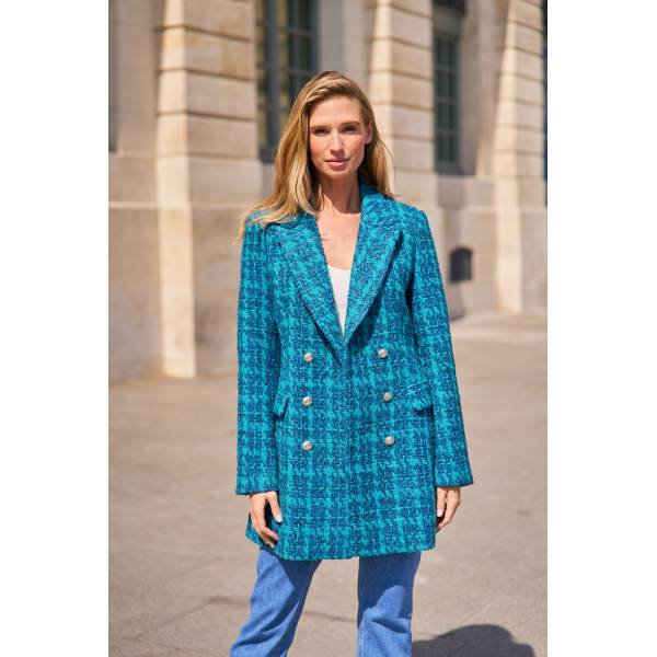 ブルー 千鳥格子ツイード チェスターコート ウール混 ロングコート