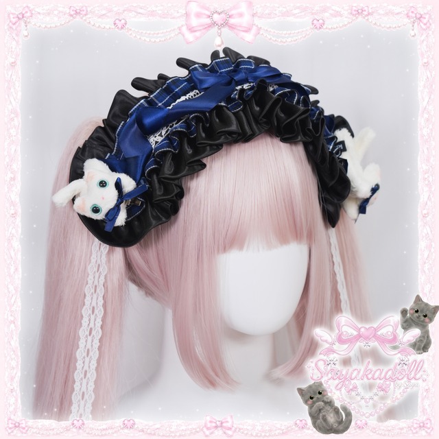 ♡【marie maison de mieux × Sayakadoll by saya】【受注生産】とびネコ＆クラシカルチェックフリルサテンリボンヘッドドレス blue ♡