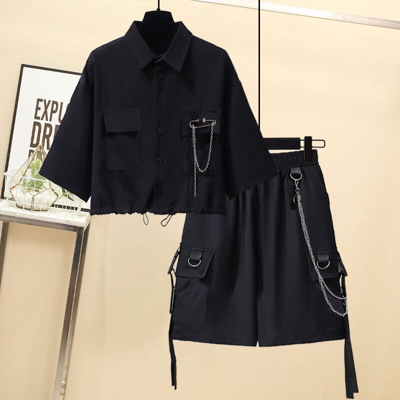 サブカル 服 地雷系 通販 ゴスロリ ツーピース 半袖シャツ ハーフパンツ チェーンストラップ ハイウエスト dark gothic 闇かわいい 黒ゴス