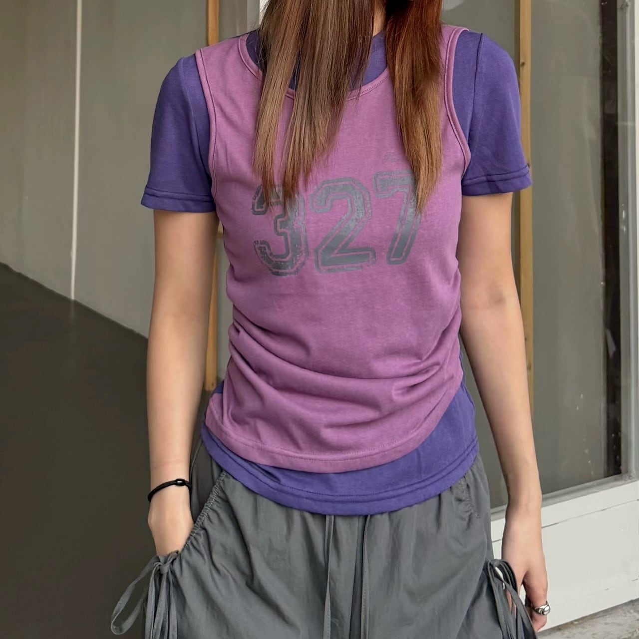 ナンバリングプリントフェイクレイヤードTシャツ 2col R02467