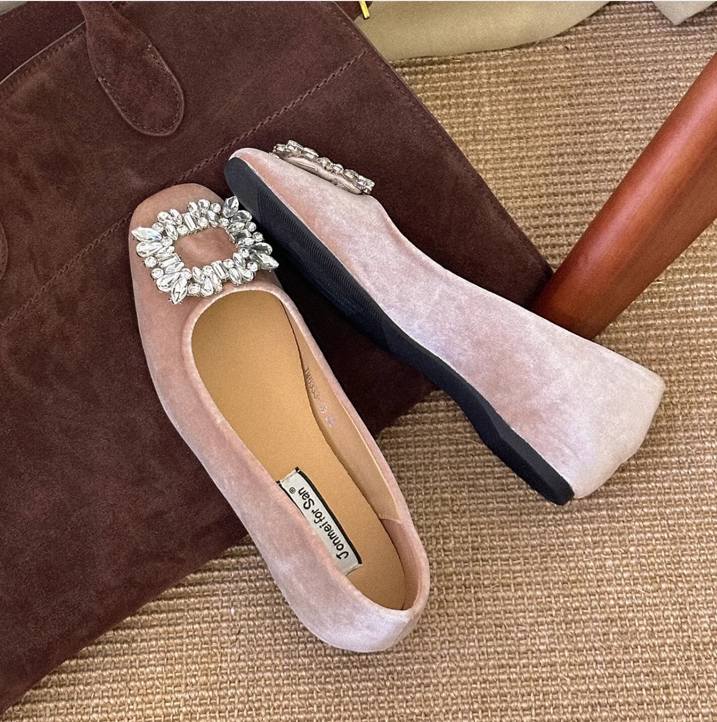 Velvet Square Buckle Rhinestone Shallow Shoes