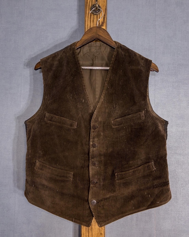 【1950s】"Dolmen" French Work Corduroy × Black Moleskin Vest, With Cinch Back!!