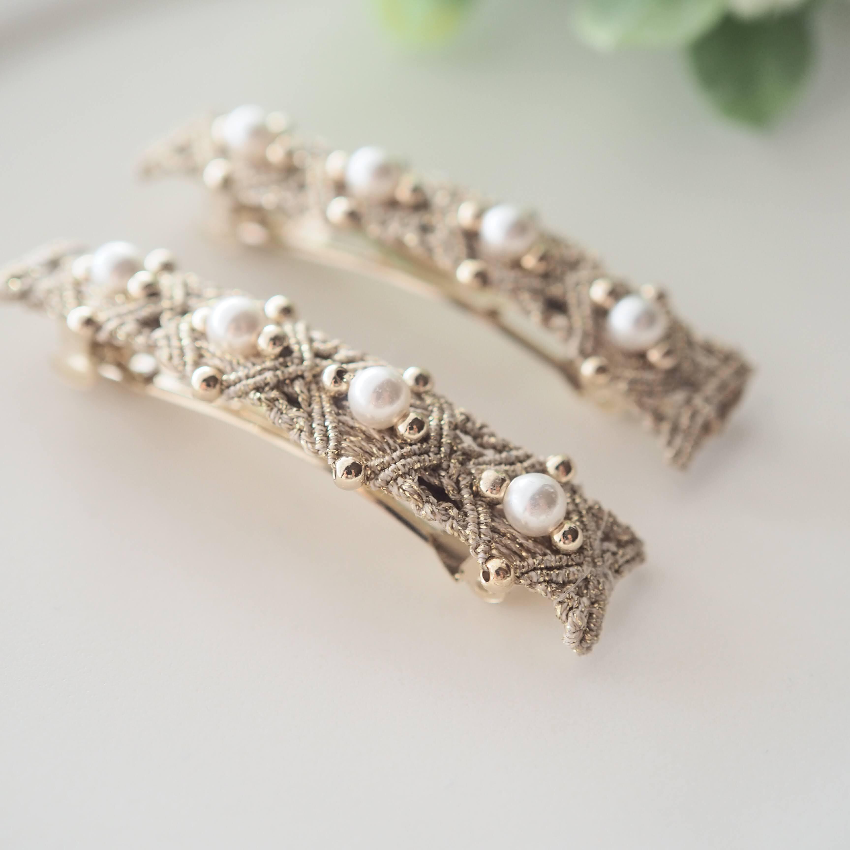 繊細マクラメレースのバレッタ 【ゴールド】