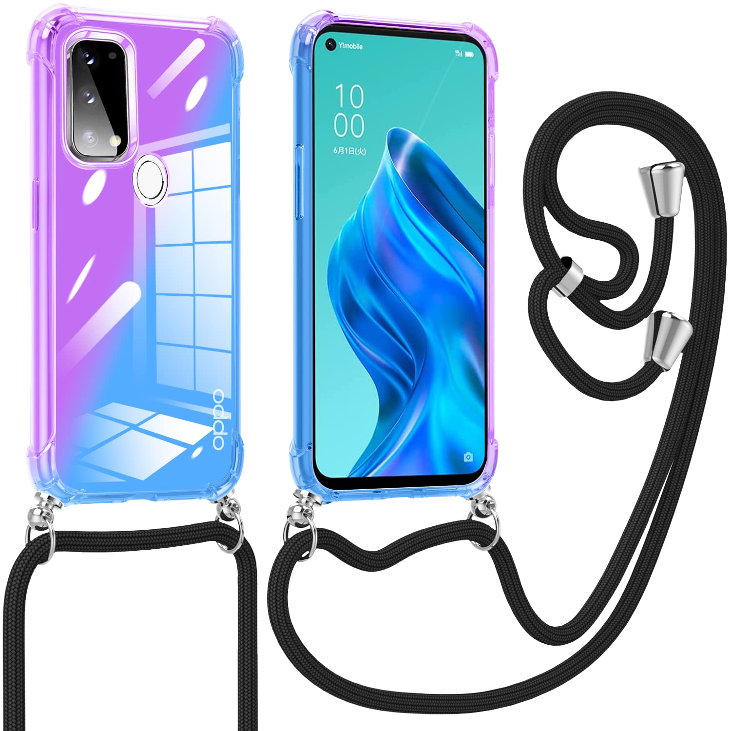 【数量限り】OPPO Reno5 A 用 ケース クリア ソフト TPU グラデーションケース 耐衝撃 薄型 肩掛け 斜めかけ 縄掛けケース 黄変防止 軽量 一体型 かわいい ファッション 携帯カバー パープル/ブルー AYS-9-40