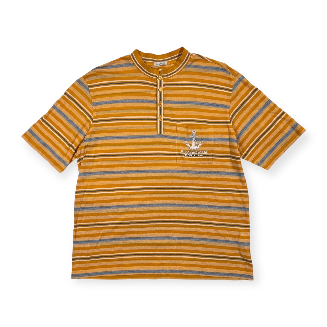 PIA SPORTS ピアスポーツ マリン ロゴ刺繍 ボーダー柄 鹿の子 ヘンリー 半袖Tシャツ カットソー サイズ 4 /オレンジ系/ライカ/日本製